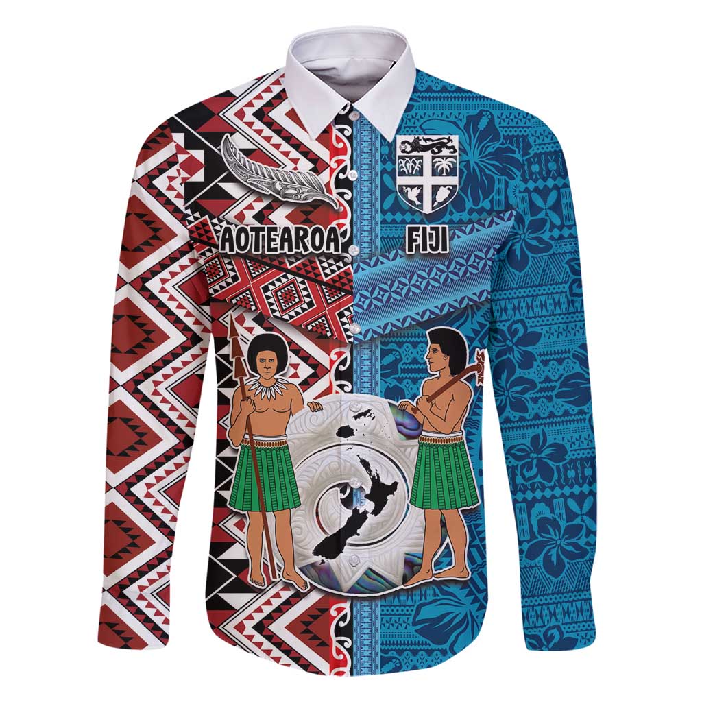 Personalised Aotearoa and Fiji Together Family Matching Mermaid Dress and Hawaiian Shirt Melanesian Warrior and Koru - Taniko with Hibiscus Tapa Pattern LT03 Dad's Shirt - Long Sleeve Blue - Polynesian Pride
