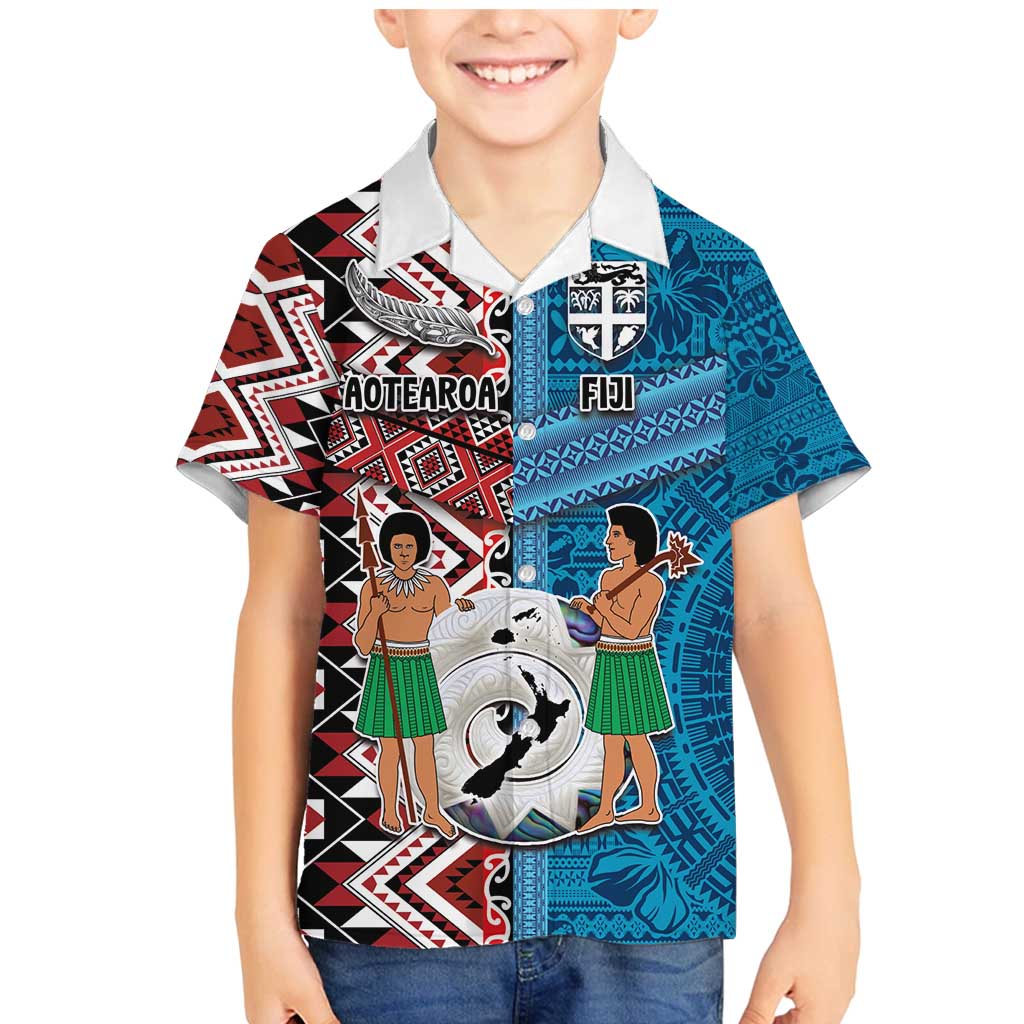 Personalised Aotearoa and Fiji Together Family Matching Mermaid Dress and Hawaiian Shirt Melanesian Warrior and Koru - Taniko with Hibiscus Tapa Pattern LT03 Son's Shirt Blue - Polynesian Pride
