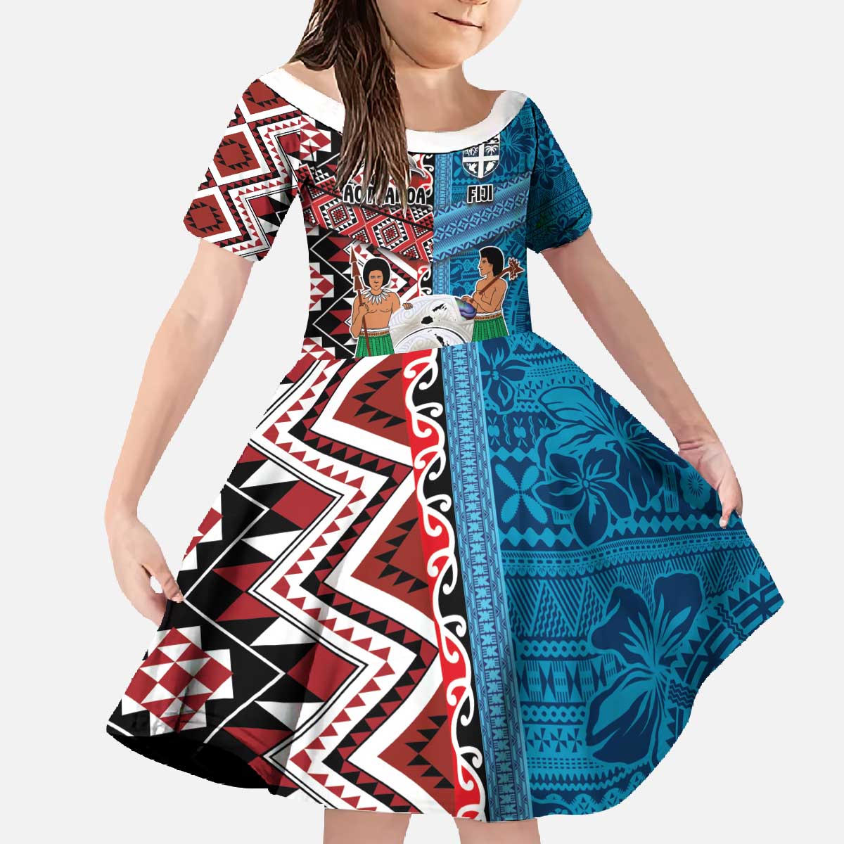 Personalised Aotearoa and Fiji Together Family Matching Off The Shoulder Long Sleeve Dress and Hawaiian Shirt Melanesian Warrior and Koru - Taniko with Hibiscus Tapa Pattern LT03 Daughter's Dress Blue - Polynesian Pride