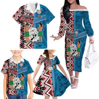 Personalised Aotearoa and Fiji Together Family Matching Off The Shoulder Long Sleeve Dress and Hawaiian Shirt Melanesian Warrior and Koru - Taniko with Hibiscus Tapa Pattern LT03 - Polynesian Pride