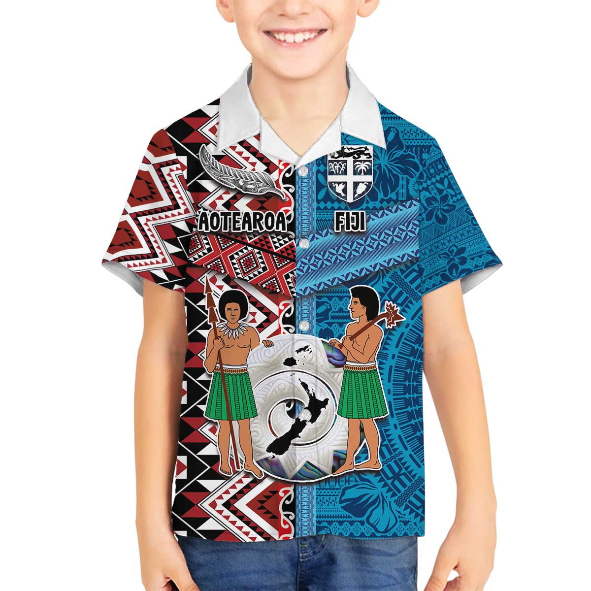 Personalised Aotearoa and Fiji Together Family Matching Off The Shoulder Long Sleeve Dress and Hawaiian Shirt Melanesian Warrior and Koru - Taniko with Hibiscus Tapa Pattern LT03 Son's Shirt Blue - Polynesian Pride