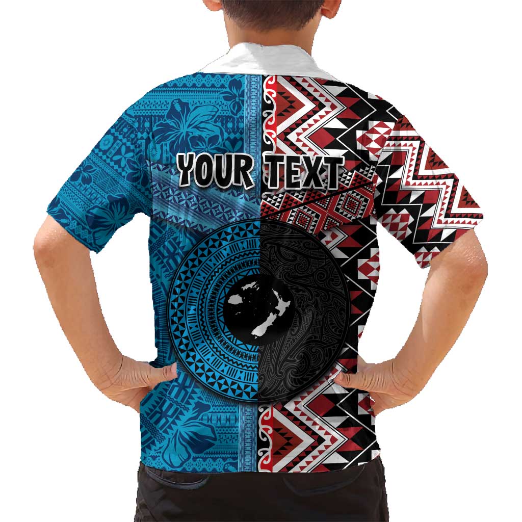 Personalised Aotearoa and Fiji Together Family Matching Off Shoulder Maxi Dress and Hawaiian Shirt Melanesian Warrior and Koru - Taniko with Hibiscus Tapa Pattern LT03 - Polynesian Pride