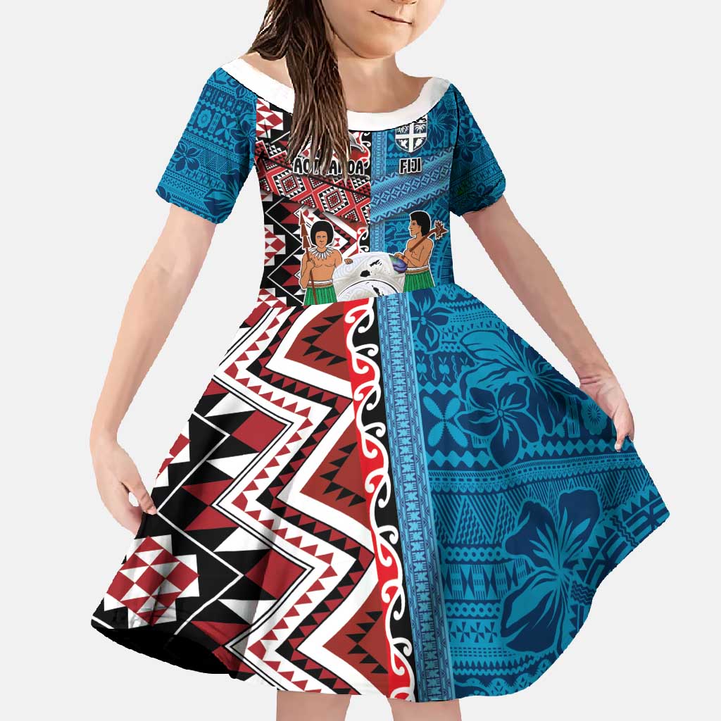 Personalised Aotearoa and Fiji Together Family Matching Off Shoulder Maxi Dress and Hawaiian Shirt Melanesian Warrior and Koru - Taniko with Hibiscus Tapa Pattern LT03 Daughter's Dress Blue - Polynesian Pride