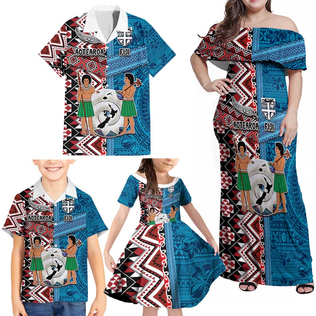 Personalised Aotearoa and Fiji Together Family Matching Off Shoulder Maxi Dress and Hawaiian Shirt Melanesian Warrior and Koru - Taniko with Hibiscus Tapa Pattern LT03 - Polynesian Pride
