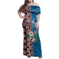 Personalised Aotearoa and Fiji Together Family Matching Off Shoulder Maxi Dress and Hawaiian Shirt Melanesian Warrior and Koru - Taniko with Hibiscus Tapa Pattern LT03 Mom's Dress Blue - Polynesian Pride