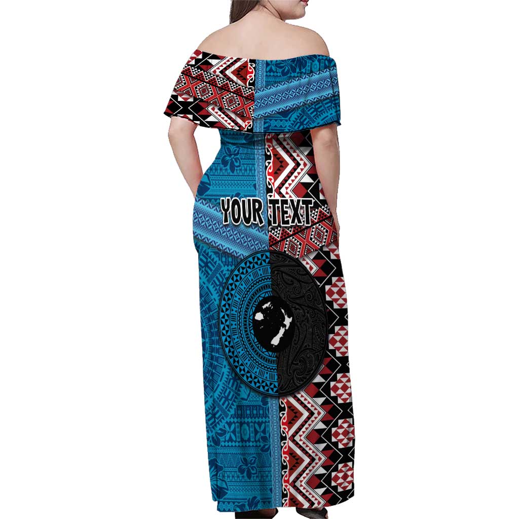 Personalised Aotearoa and Fiji Together Family Matching Off Shoulder Maxi Dress and Hawaiian Shirt Melanesian Warrior and Koru - Taniko with Hibiscus Tapa Pattern LT03 - Polynesian Pride