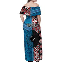 Personalised Aotearoa and Fiji Together Family Matching Off Shoulder Maxi Dress and Hawaiian Shirt Melanesian Warrior and Koru - Taniko with Hibiscus Tapa Pattern LT03 - Polynesian Pride