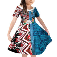 Personalised Aotearoa and Fiji Together Family Matching Off Shoulder Short Dress and Hawaiian Shirt Melanesian Warrior and Koru - Taniko with Hibiscus Tapa Pattern LT03 Daughter's Dress Blue - Polynesian Pride