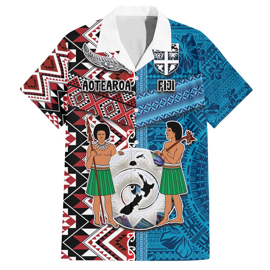 Personalised Aotearoa and Fiji Together Family Matching Off Shoulder Short Dress and Hawaiian Shirt Melanesian Warrior and Koru - Taniko with Hibiscus Tapa Pattern LT03 Dad's Shirt - Short Sleeve Blue - Polynesian Pride