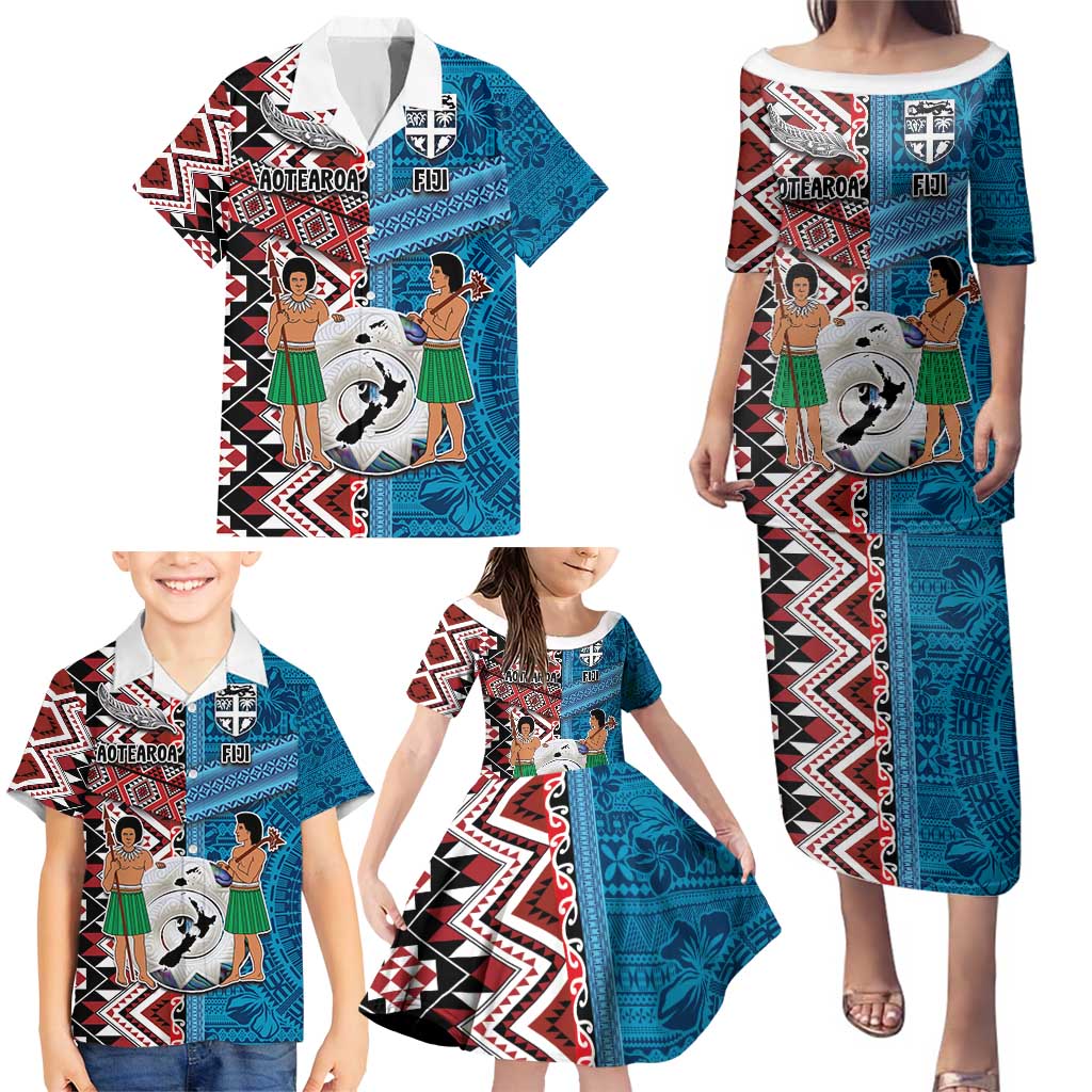 Personalised Aotearoa and Fiji Together Family Matching Puletasi and Hawaiian Shirt Melanesian Warrior and Koru - Taniko with Hibiscus Tapa Pattern LT03 - Polynesian Pride