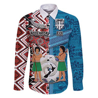 Personalised Aotearoa and Fiji Together Family Matching Puletasi and Hawaiian Shirt Melanesian Warrior and Koru - Taniko with Hibiscus Tapa Pattern LT03 Dad's Shirt - Long Sleeve Blue - Polynesian Pride