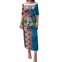 Personalised Aotearoa and Fiji Together Family Matching Puletasi and Hawaiian Shirt Melanesian Warrior and Koru - Taniko with Hibiscus Tapa Pattern LT03 Mom's Dress Blue - Polynesian Pride