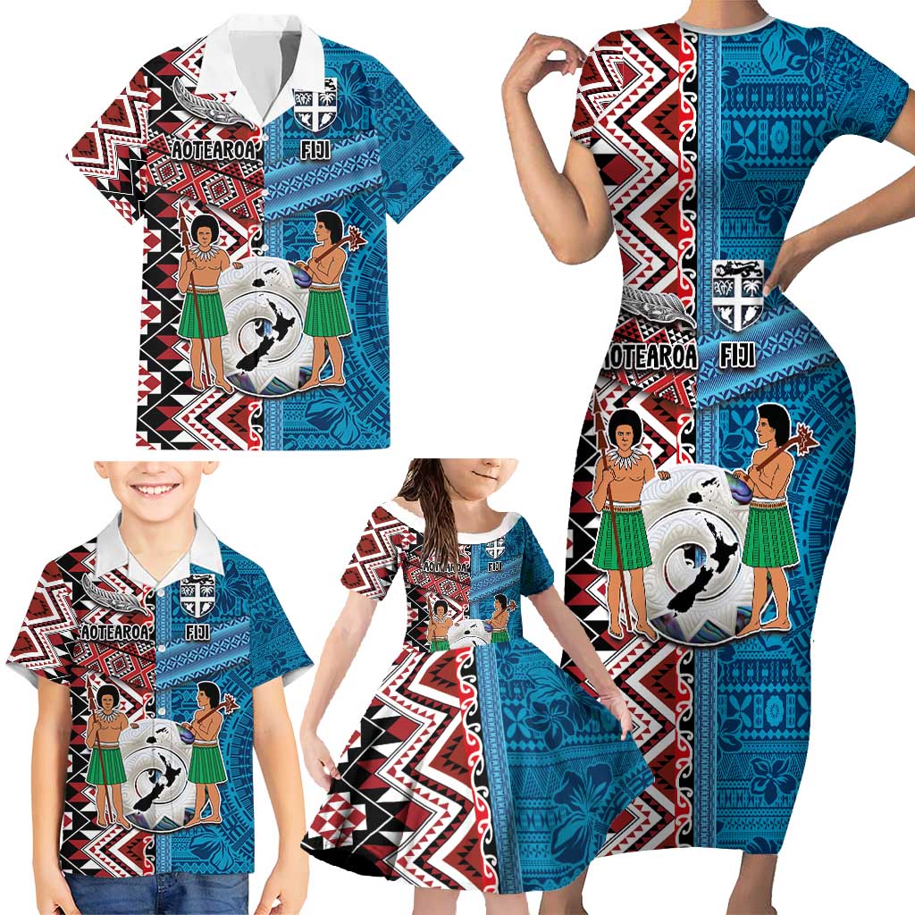Personalised Aotearoa and Fiji Together Family Matching Short Sleeve Bodycon Dress and Hawaiian Shirt Melanesian Warrior and Koru - Taniko with Hibiscus Tapa Pattern LT03 - Polynesian Pride