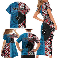 Personalised Aotearoa and Fiji Together Family Matching Short Sleeve Bodycon Dress and Hawaiian Shirt Melanesian Warrior and Koru - Taniko with Hibiscus Tapa Pattern LT03 - Polynesian Pride