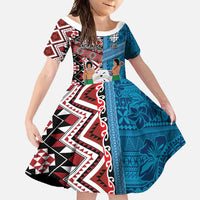 Personalised Aotearoa and Fiji Together Family Matching Summer Maxi Dress and Hawaiian Shirt Melanesian Warrior and Koru - Taniko with Hibiscus Tapa Pattern LT03 Daughter's Dress Blue - Polynesian Pride