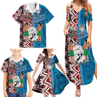 Personalised Aotearoa and Fiji Together Family Matching Summer Maxi Dress and Hawaiian Shirt Melanesian Warrior and Koru - Taniko with Hibiscus Tapa Pattern LT03 - Polynesian Pride