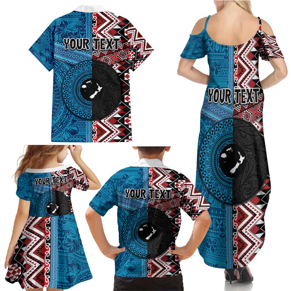 Personalised Aotearoa and Fiji Together Family Matching Summer Maxi Dress and Hawaiian Shirt Melanesian Warrior and Koru - Taniko with Hibiscus Tapa Pattern LT03 - Polynesian Pride
