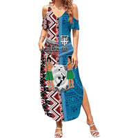 Personalised Aotearoa and Fiji Together Family Matching Summer Maxi Dress and Hawaiian Shirt Melanesian Warrior and Koru - Taniko with Hibiscus Tapa Pattern LT03 Mom's Dress Blue - Polynesian Pride