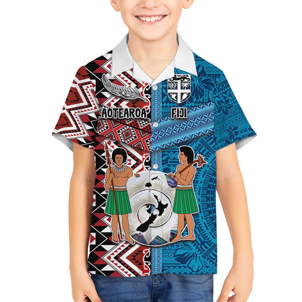 Personalised Aotearoa and Fiji Together Family Matching Summer Maxi Dress and Hawaiian Shirt Melanesian Warrior and Koru - Taniko with Hibiscus Tapa Pattern LT03 Son's Shirt Blue - Polynesian Pride