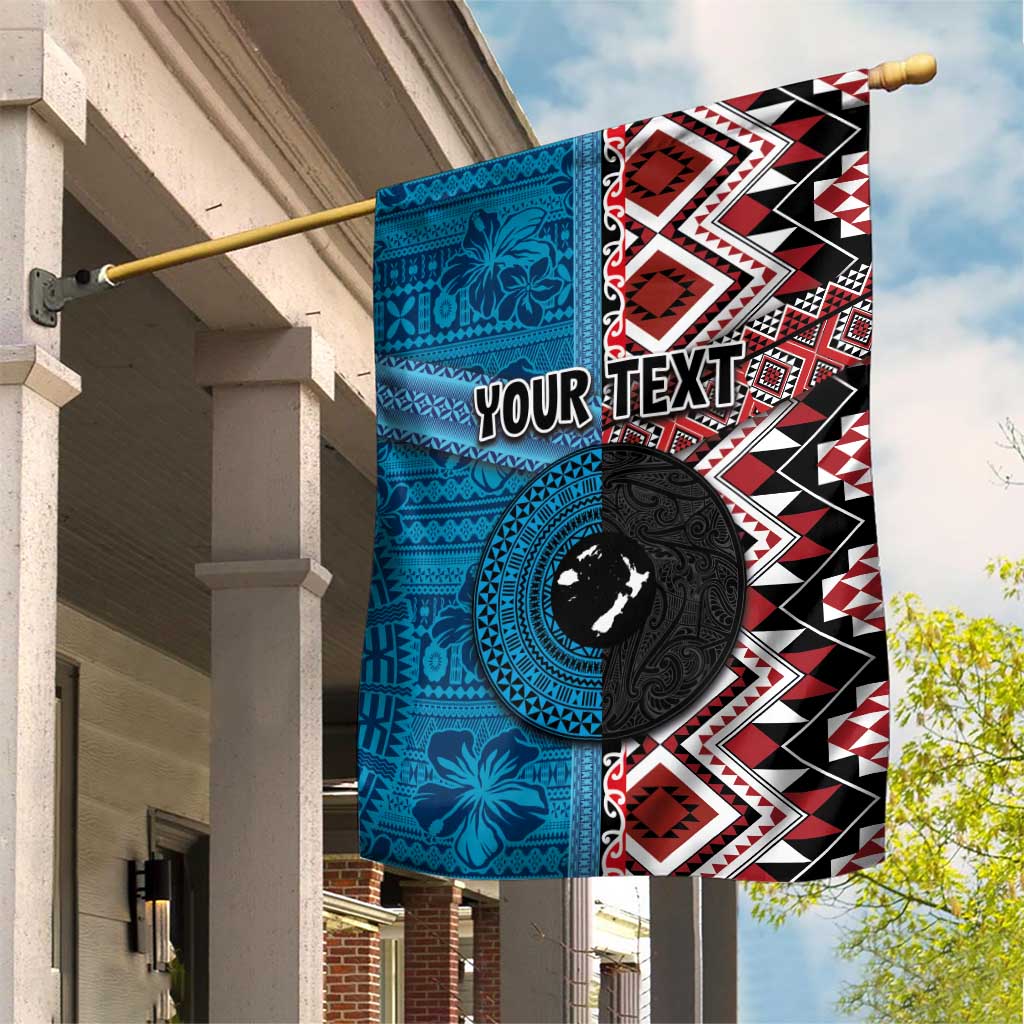 Personalised Aotearoa and Fiji Together Garden Flag Melanesian Warrior and Koru - Taniko with Hibiscus Tapa Pattern LT03 House Flag Blue - Polynesian Pride