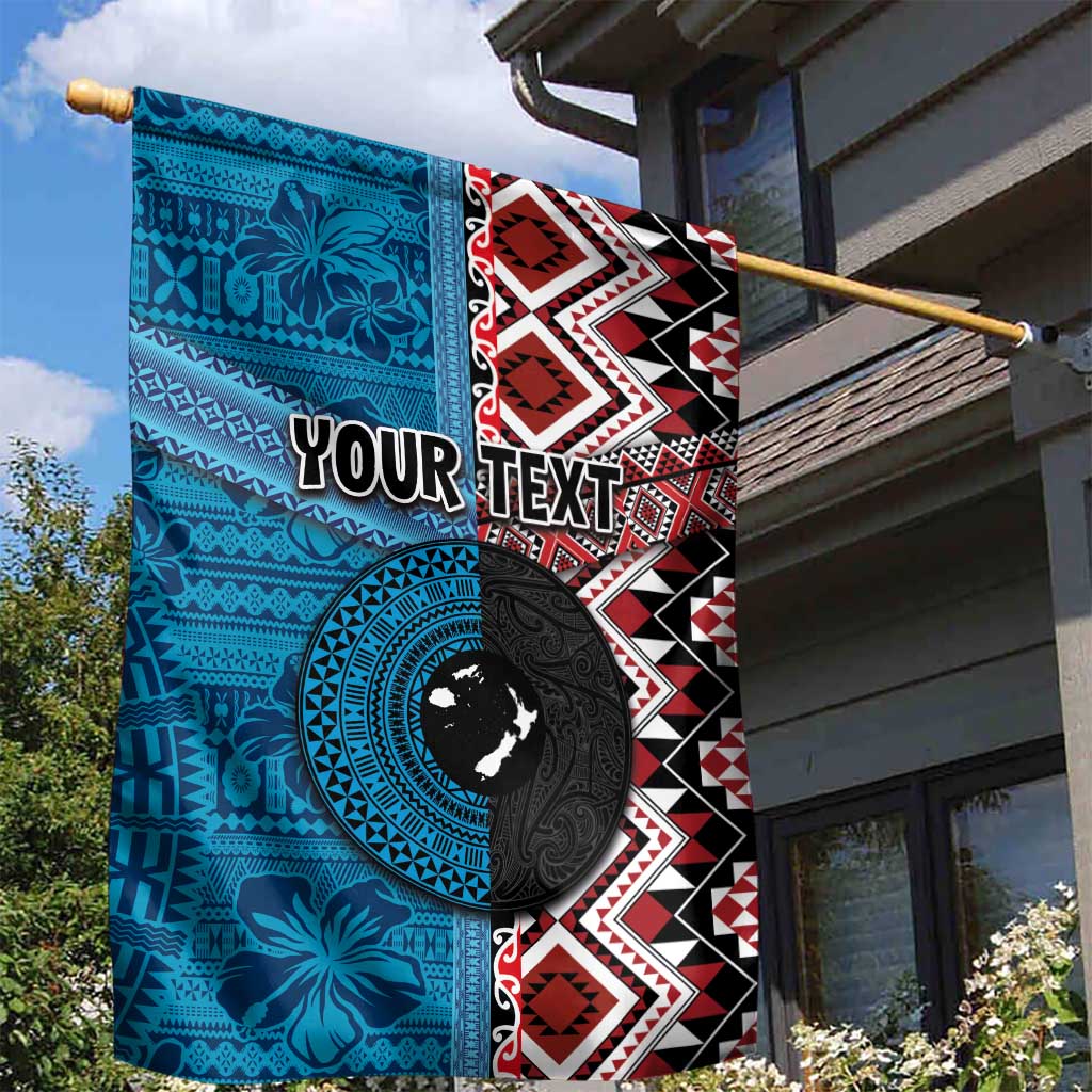 Personalised Aotearoa and Fiji Together Garden Flag Melanesian Warrior and Koru - Taniko with Hibiscus Tapa Pattern LT03 - Polynesian Pride