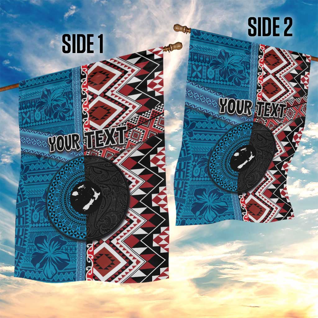 Personalised Aotearoa and Fiji Together Garden Flag Melanesian Warrior and Koru - Taniko with Hibiscus Tapa Pattern LT03 - Polynesian Pride