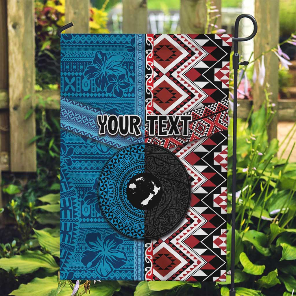 Personalised Aotearoa and Fiji Together Garden Flag Melanesian Warrior and Koru - Taniko with Hibiscus Tapa Pattern LT03 Garden Flag Blue - Polynesian Pride