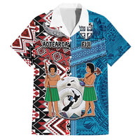 Personalised Aotearoa and Fiji Together Hawaiian Shirt Melanesian Warrior and Koru - Taniko with Hibiscus Tapa Pattern LT03 Blue - Polynesian Pride