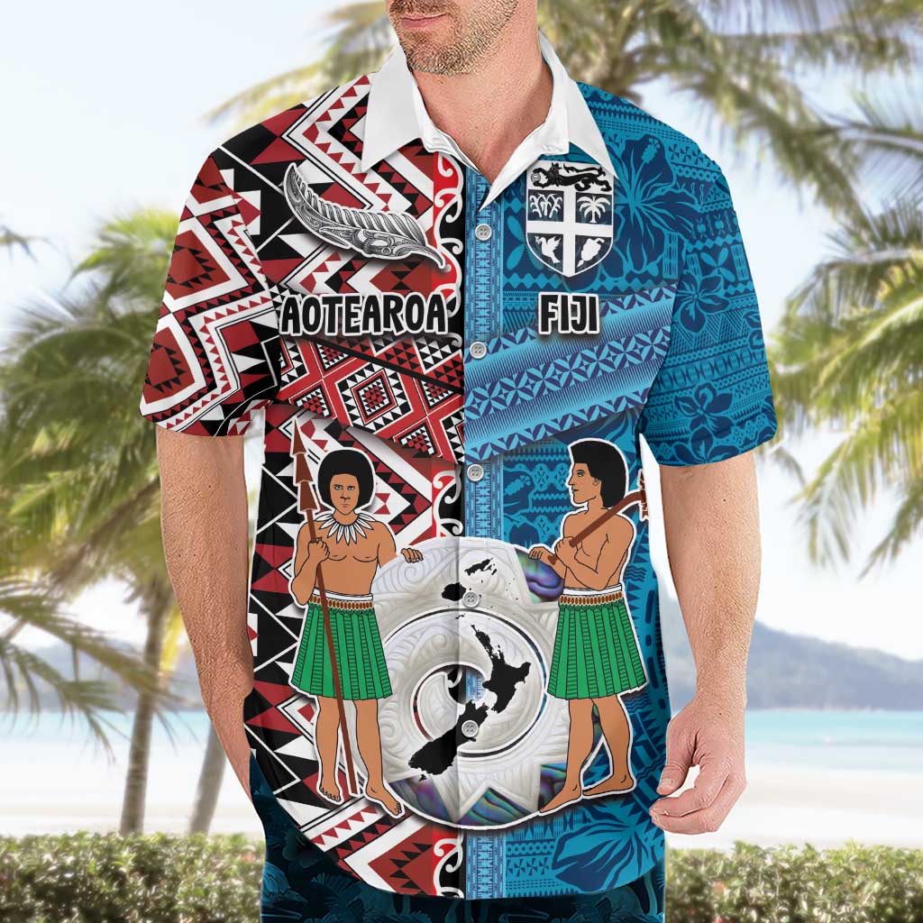 Personalised Aotearoa and Fiji Together Hawaiian Shirt Melanesian Warrior and Koru - Taniko with Hibiscus Tapa Pattern LT03 - Polynesian Pride
