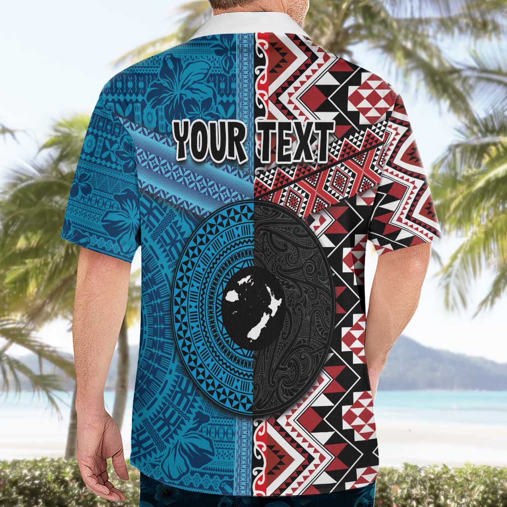Personalised Aotearoa and Fiji Together Hawaiian Shirt Melanesian Warrior and Koru - Taniko with Hibiscus Tapa Pattern LT03 - Polynesian Pride