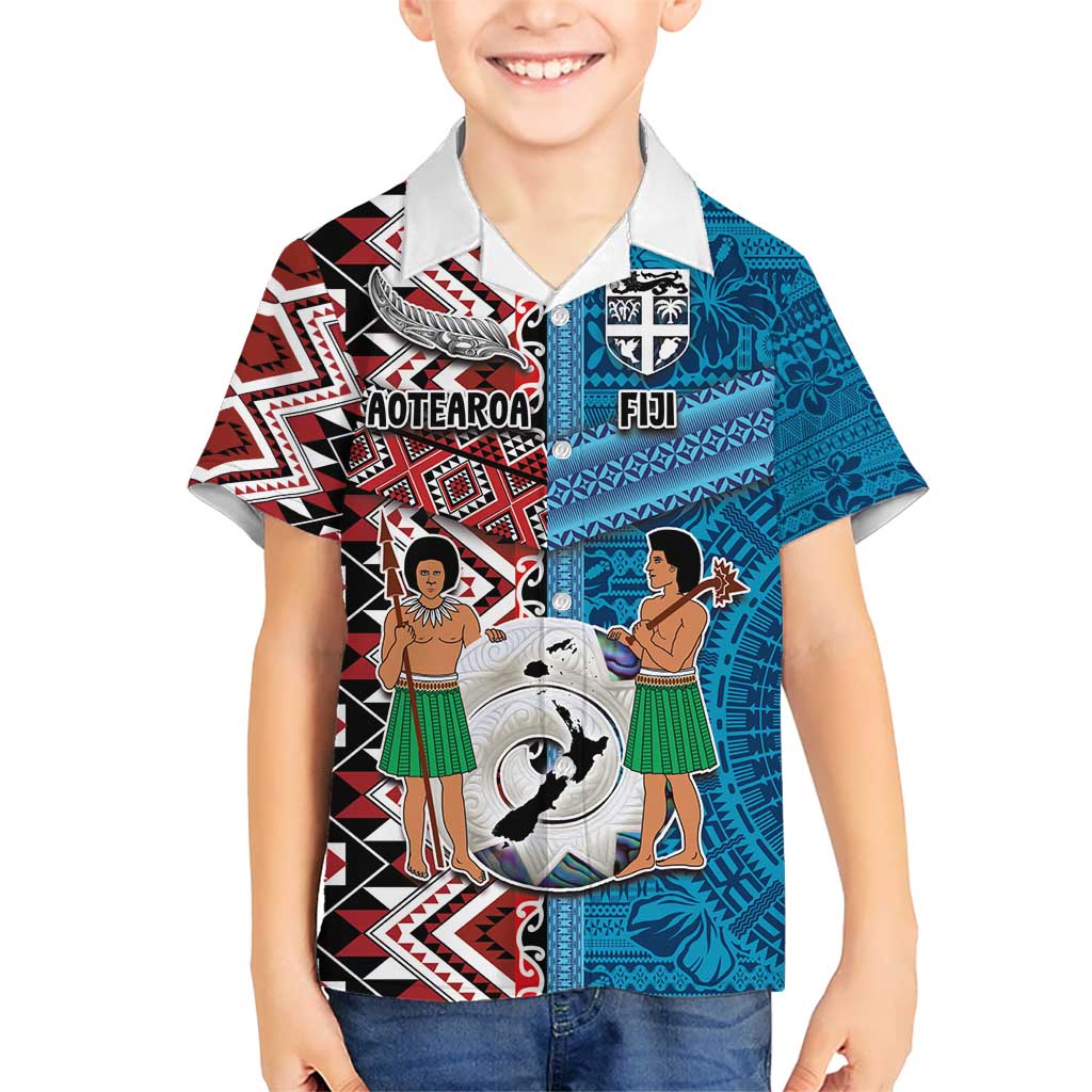 Personalised Aotearoa and Fiji Together Hawaiian Shirt Melanesian Warrior and Koru - Taniko with Hibiscus Tapa Pattern LT03 - Polynesian Pride