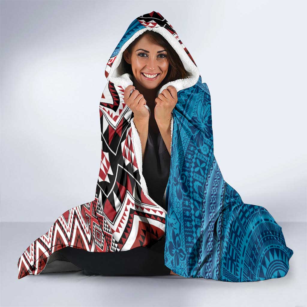 Personalised Aotearoa and Fiji Together Hooded Blanket Melanesian Warrior and Koru - Taniko with Hibiscus Tapa Pattern LT03 - Polynesian Pride