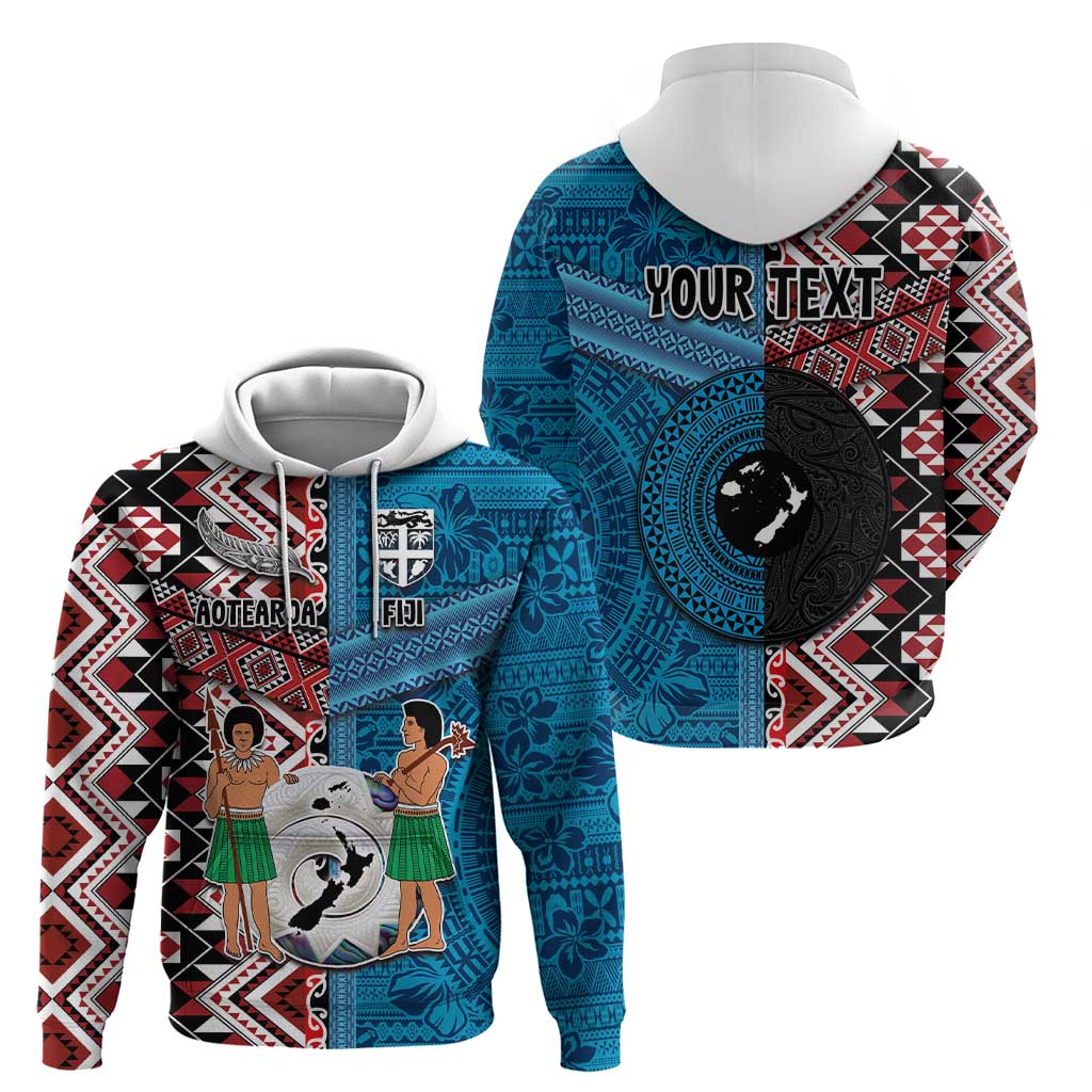 Personalised Aotearoa and Fiji Together Hoodie Melanesian Warrior and Koru - Taniko with Hibiscus Tapa Pattern LT03 - Polynesian Pride