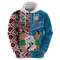 Personalised Aotearoa and Fiji Together Hoodie Melanesian Warrior and Koru - Taniko with Hibiscus Tapa Pattern LT03 - Polynesian Pride