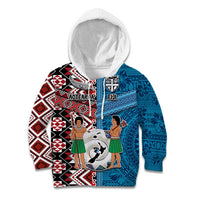 Personalised Aotearoa and Fiji Together Kid Hoodie Melanesian Warrior and Koru - Taniko with Hibiscus Tapa Pattern LT03 Hoodie Blue - Polynesian Pride