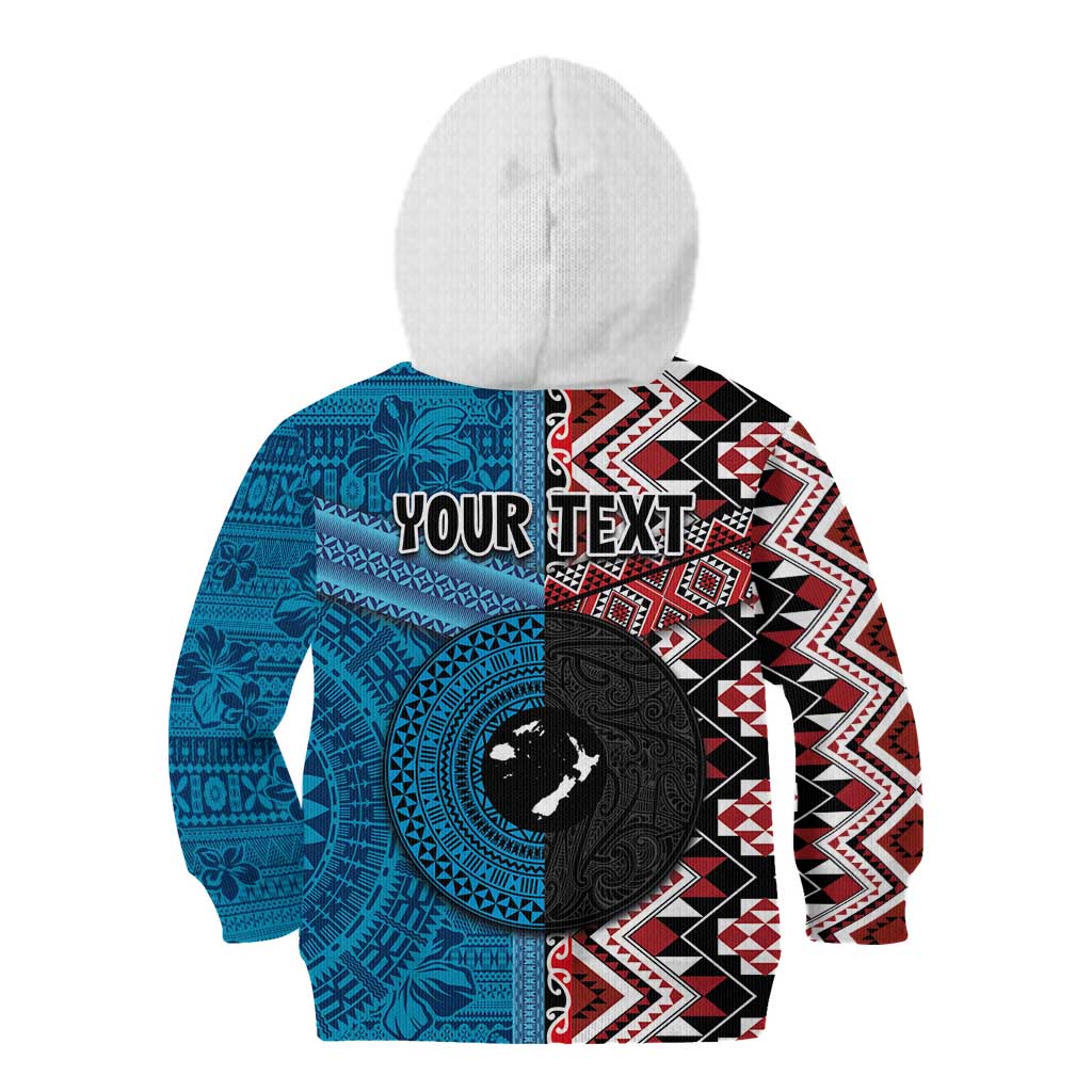 Personalised Aotearoa and Fiji Together Kid Hoodie Melanesian Warrior and Koru - Taniko with Hibiscus Tapa Pattern LT03 - Polynesian Pride