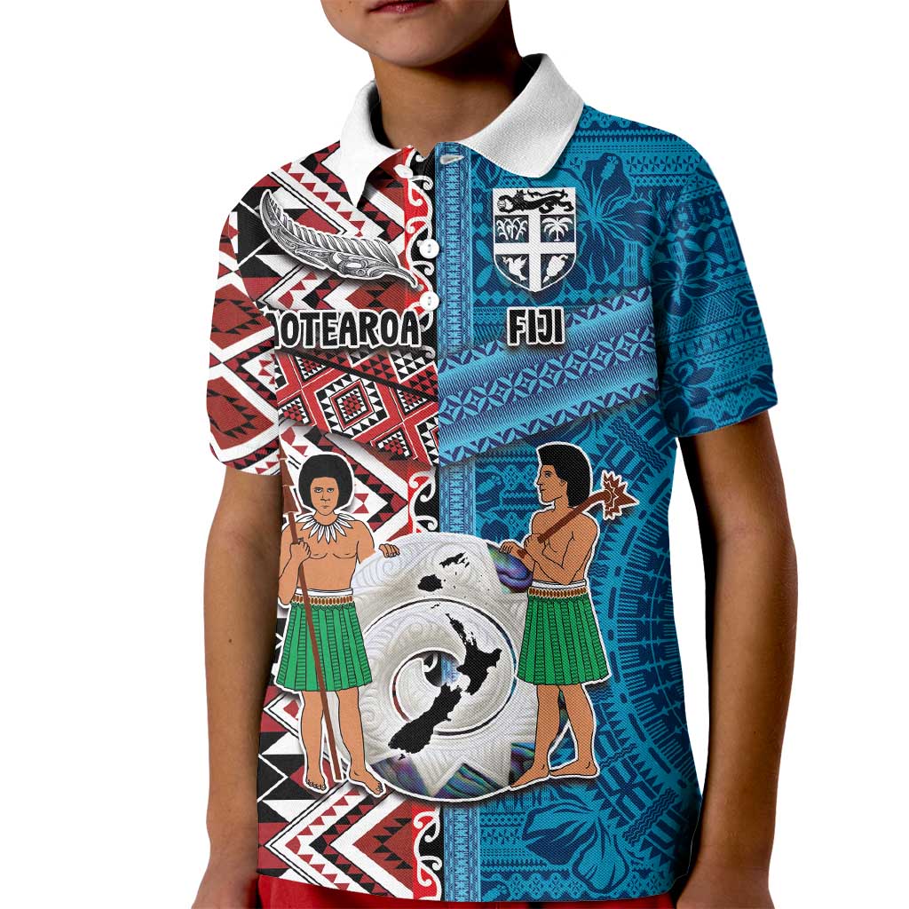 Personalised Aotearoa and Fiji Together Kid Polo Shirt Melanesian Warrior and Koru - Taniko with Hibiscus Tapa Pattern LT03 Kid Blue - Polynesian Pride
