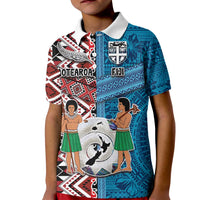 Personalised Aotearoa and Fiji Together Kid Polo Shirt Melanesian Warrior and Koru - Taniko with Hibiscus Tapa Pattern LT03 Kid Blue - Polynesian Pride