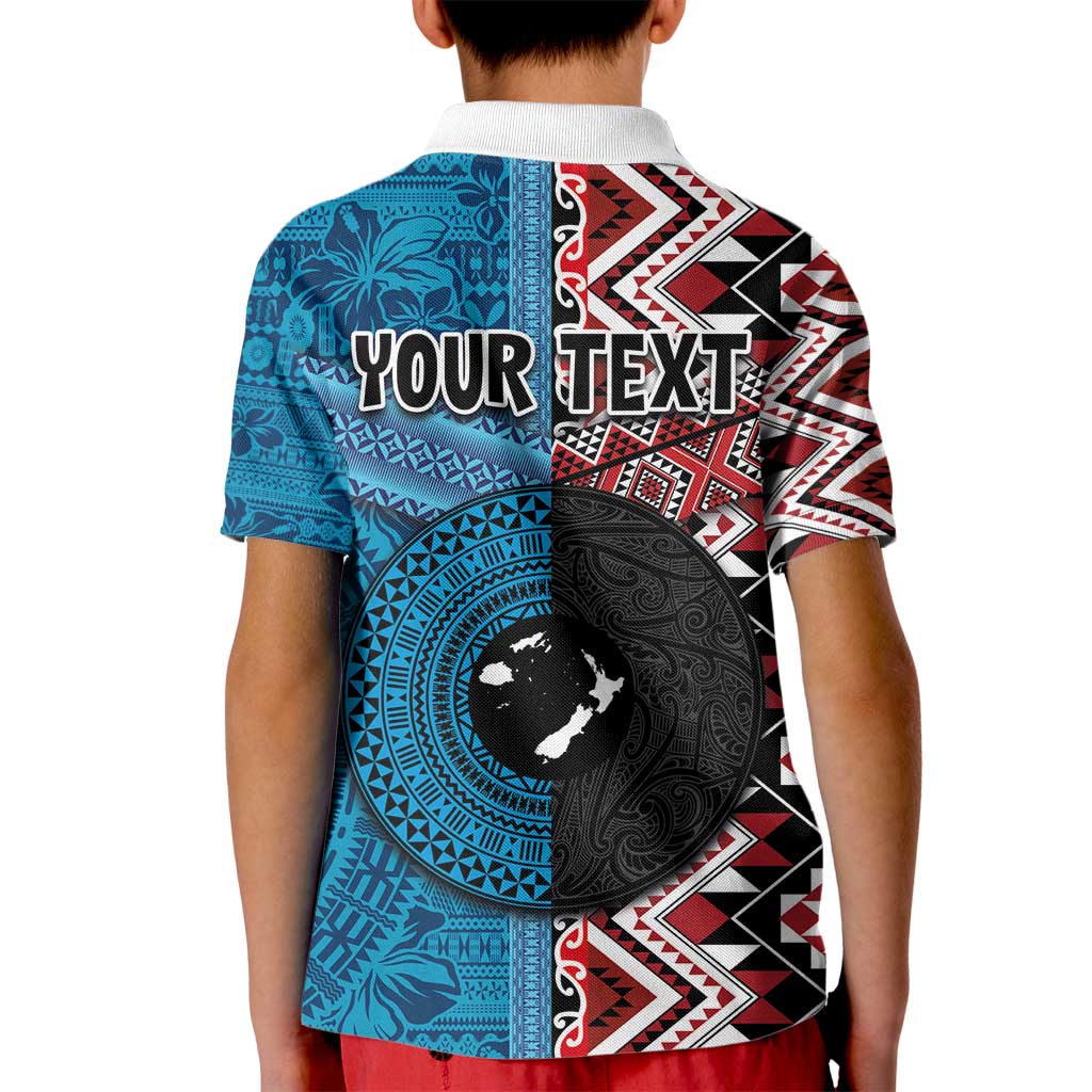 Personalised Aotearoa and Fiji Together Kid Polo Shirt Melanesian Warrior and Koru - Taniko with Hibiscus Tapa Pattern LT03 - Polynesian Pride