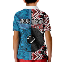 Personalised Aotearoa and Fiji Together Kid Polo Shirt Melanesian Warrior and Koru - Taniko with Hibiscus Tapa Pattern LT03 - Polynesian Pride
