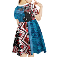Personalised Aotearoa and Fiji Together Kid Short Sleeve Dress Melanesian Warrior and Koru - Taniko with Hibiscus Tapa Pattern LT03 - Polynesian Pride