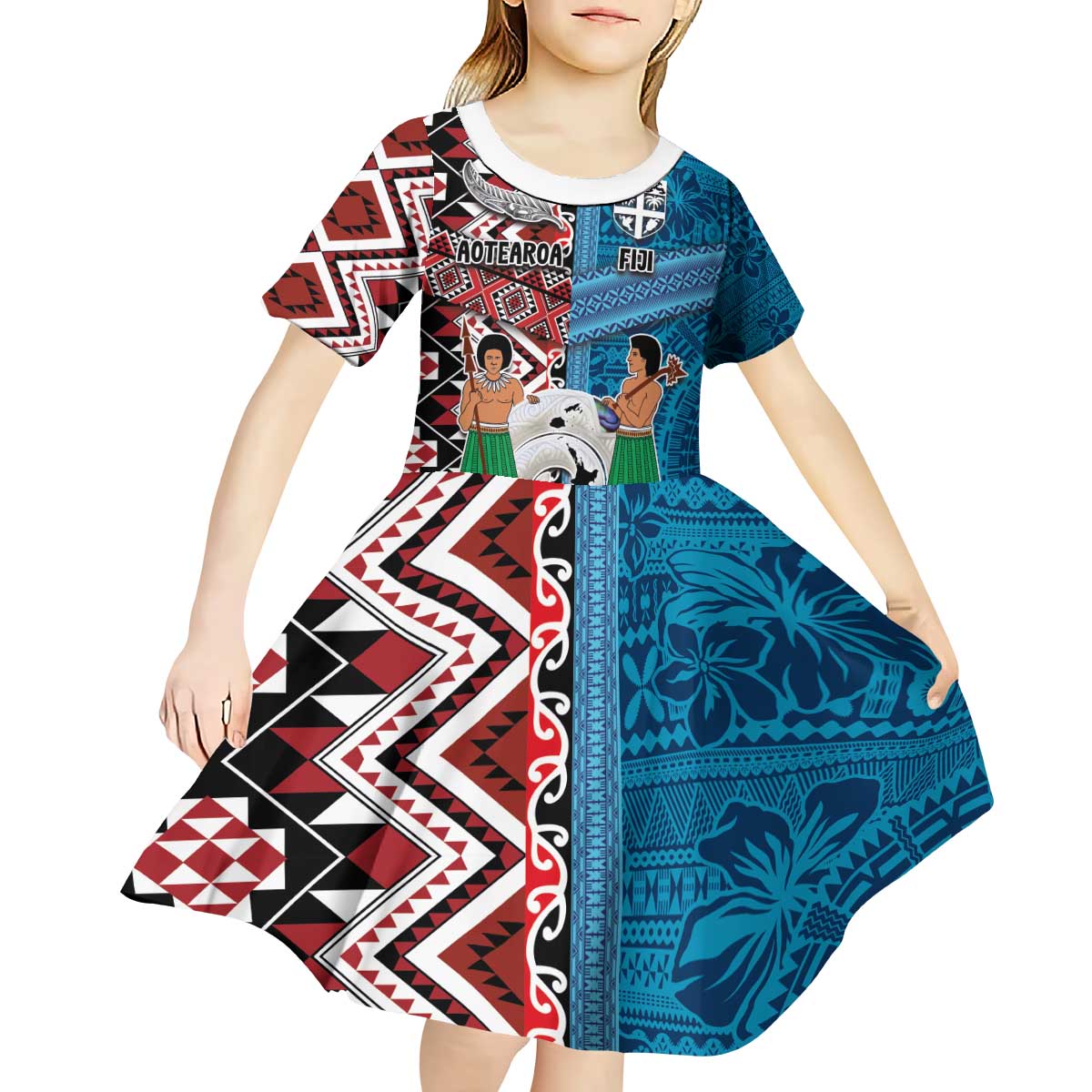 Personalised Aotearoa and Fiji Together Kid Short Sleeve Dress Melanesian Warrior and Koru - Taniko with Hibiscus Tapa Pattern LT03 - Polynesian Pride
