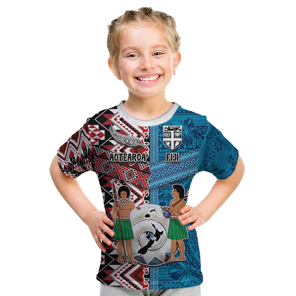 Personalised Aotearoa and Fiji Together Kid T Shirt Melanesian Warrior and Koru - Taniko with Hibiscus Tapa Pattern LT03 Blue - Polynesian Pride