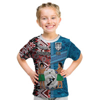 Personalised Aotearoa and Fiji Together Kid T Shirt Melanesian Warrior and Koru - Taniko with Hibiscus Tapa Pattern LT03 Blue - Polynesian Pride