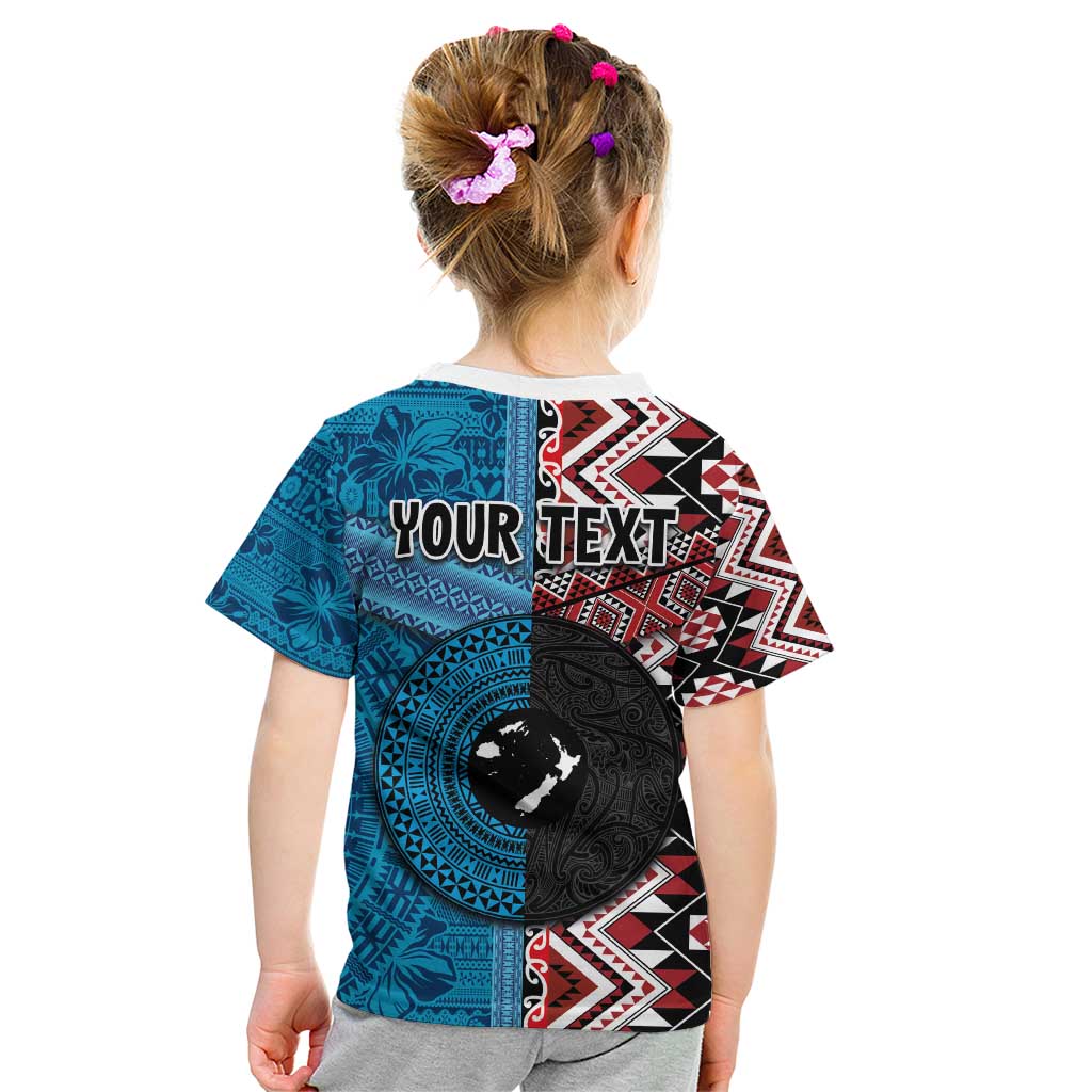 Personalised Aotearoa and Fiji Together Kid T Shirt Melanesian Warrior and Koru - Taniko with Hibiscus Tapa Pattern LT03 - Polynesian Pride