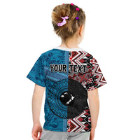 Personalised Aotearoa and Fiji Together Kid T Shirt Melanesian Warrior and Koru - Taniko with Hibiscus Tapa Pattern LT03 - Polynesian Pride