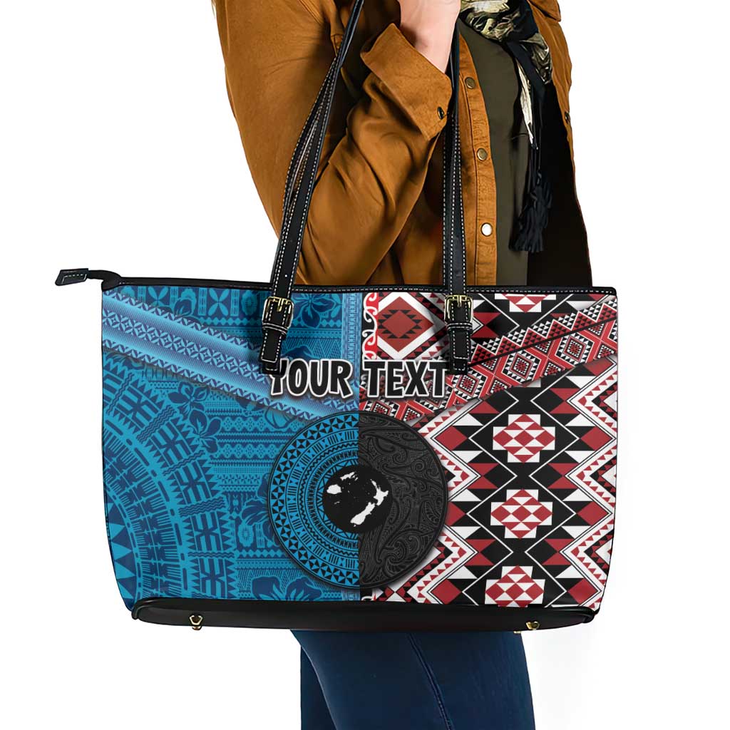 Personalised Aotearoa and Fiji Together Leather Tote Bag Melanesian Warrior and Koru - Taniko with Hibiscus Tapa Pattern LT03 - Polynesian Pride