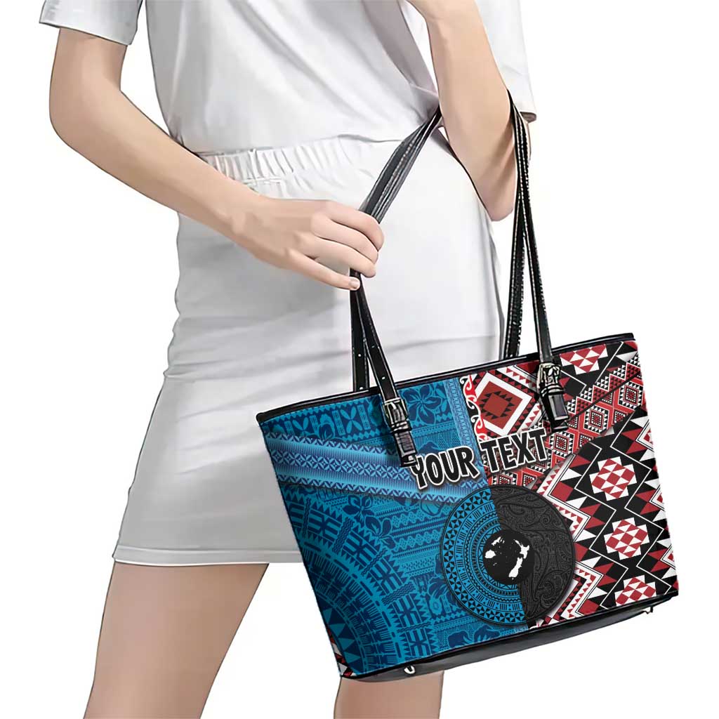 Personalised Aotearoa and Fiji Together Leather Tote Bag Melanesian Warrior and Koru - Taniko with Hibiscus Tapa Pattern LT03 - Polynesian Pride