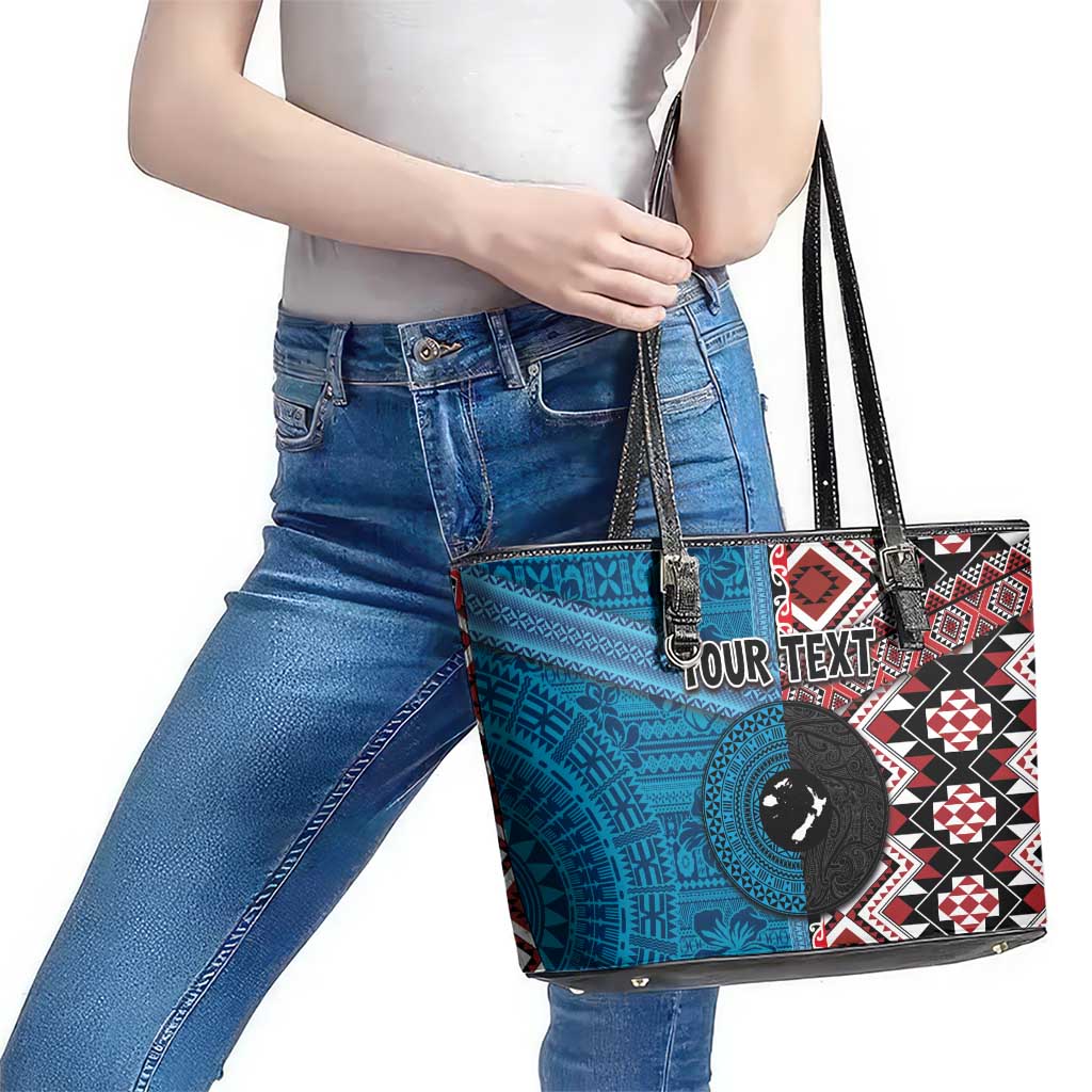 Personalised Aotearoa and Fiji Together Leather Tote Bag Melanesian Warrior and Koru - Taniko with Hibiscus Tapa Pattern LT03 - Polynesian Pride
