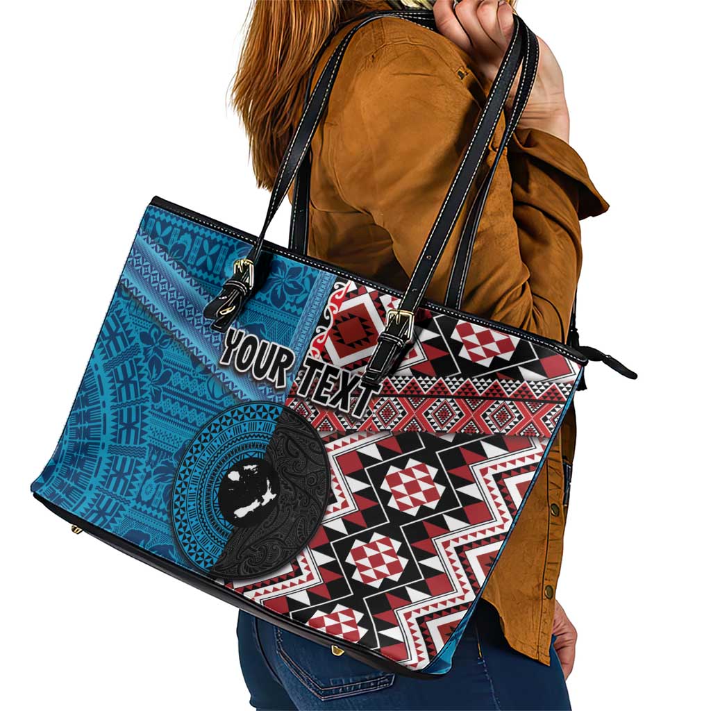 Personalised Aotearoa and Fiji Together Leather Tote Bag Melanesian Warrior and Koru - Taniko with Hibiscus Tapa Pattern LT03 - Polynesian Pride